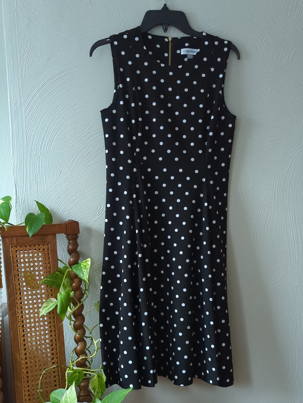 Trendy Classic Black Polka Dot Sleeveless Dress by Calvin Klein